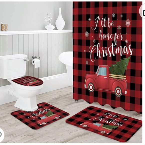 4 Piece Shower Curtain Sets with Non-Slip Rugs, Truck with Christmas Tree - Picture 2 of 7